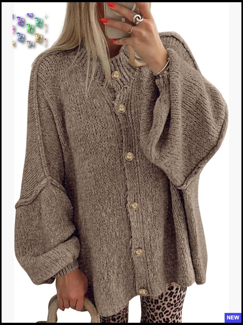 Oversized Cardigan Sweater Chunky Knit Lantern Sleeve Button Front Loose Fit